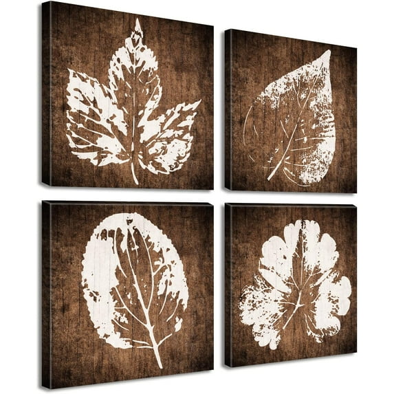 Botanical Wall Art Plant Wall Decor Modern Minimalist Abstract Leaves Pictures Brown Background White Leaf Painting Prints Rustic Decoration Home Bedroom Bathroom Living Room Artwork Framed