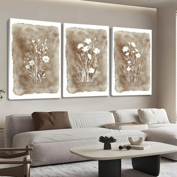 Botanical Wall Art Set of 3 – Rustic Wildflower Prints on Canvas, Minimalist Farmhouse Wall Decor for Living Room, Bedroom, Bathroom, Vintage Floral Artwork