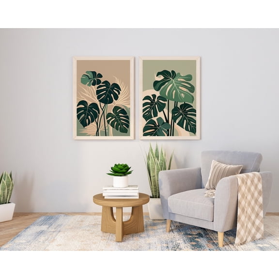 Botanical Wall Flat Monstera Leaf Poster Living Room Decor Vector Leaf Art Set 2