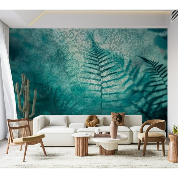 Botanical Wallpaper Wall Mural - Blue Fern Shadows