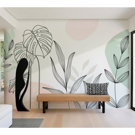 Botanical Wallpaper Wall Mural - Leaves in Pastels