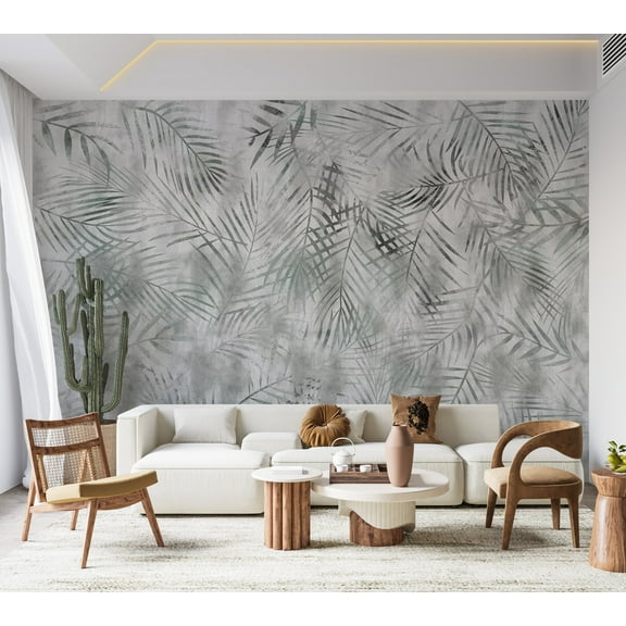 Botanical Wallpaper Wall Mural - Minimalist Grey Exotic Leaves