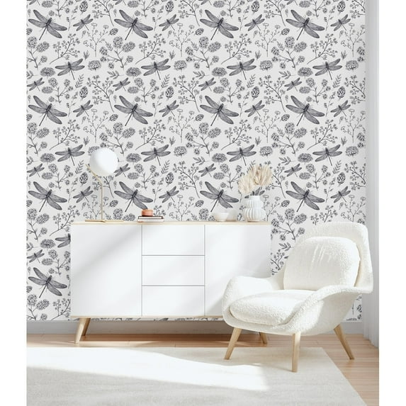 Botanical Wallpaper with Dragonflies Peel-and-Stick - 25"W x 225"H