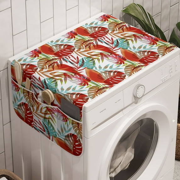 Botanical Washing Machine Organizer, Tropical and Colorful Jungle Monstera Leaves Along Paradise Flowers Pattern, Anti-slip Fabric Cover for Washers and Dryers, 47" x 18.5", Multicolor, by Ambesonne