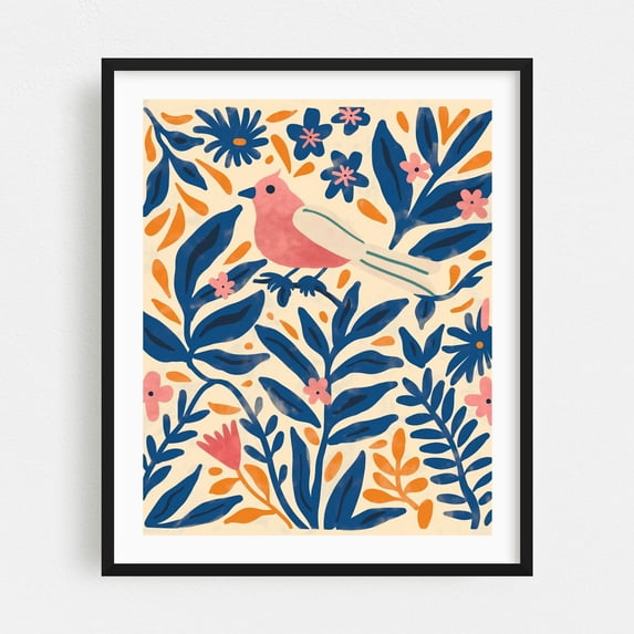 Botanical Whisper Pink Bird and in a Blue Garden - Illustration Bird Floral Pattern Botanical Whimsical Garden Black Framed Wall Art Print 6 x 8 inches