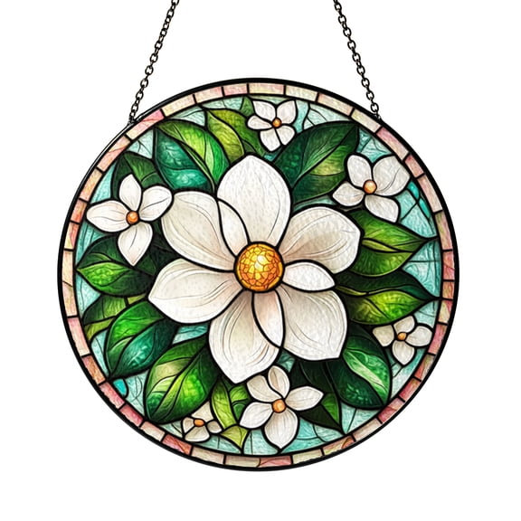 Botanical White Blossom Stained Glass Circular Window Panel, Graceful Floral Decor for Bright Living Spaces
