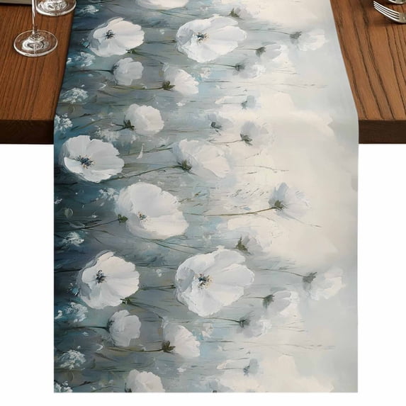 Botanical White Floral 108 Inch Table Runner, Abstract Oil Painting Plant Farmhouse Dresser Scarf Cotton & Linen Tablerunner for Dining/Kitchen Island/Holiday Party Décor 13" x 108"