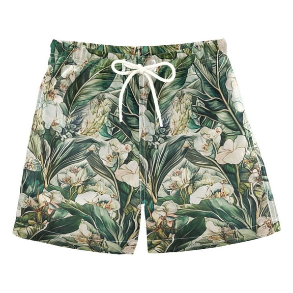 Botanical White Floral Boys Swim Trunks Quick Dry Boy Swim Shorts for 3-14 Years