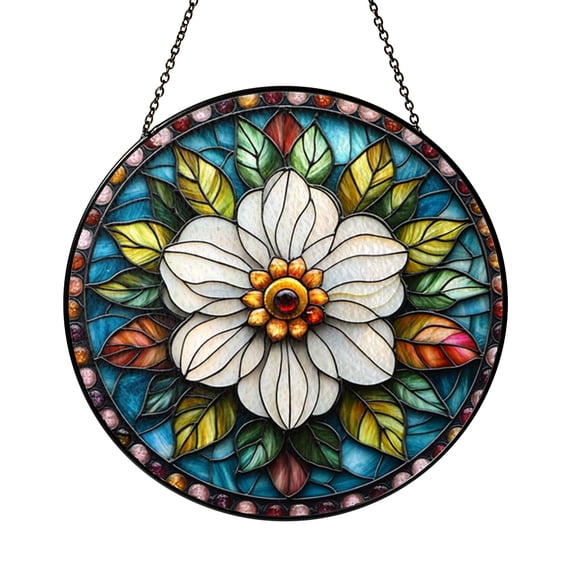 Botanical White Flower Stained Glass Circular Window Art