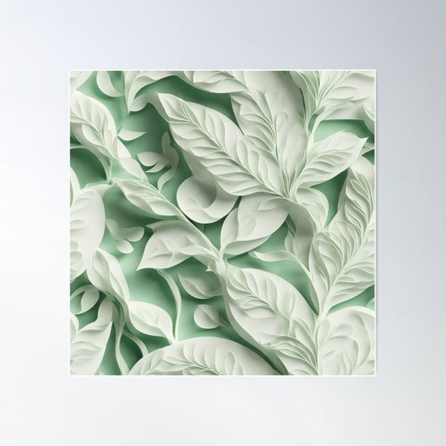 Botanical White Soft Green 3D Leaf Pattern Poster Wall Art, Modern Wall