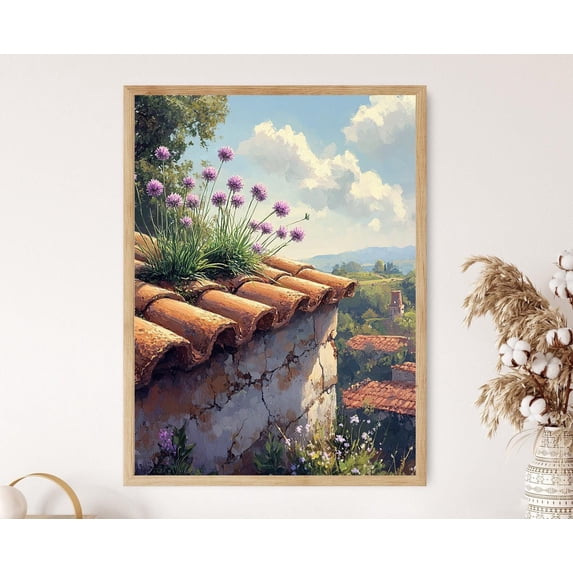 Botanical Wild Chives Cracked Clay Rooftop Illustration Poster , Poster ...