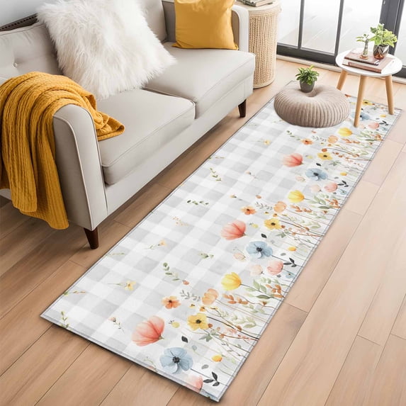 Botanical Wildflowers 2'x6' Runner Rugs for Hallway Kitchen Bedside Non Slip Washable, Spring Farmhouse Floral Grey Plaid Entryway Rug Runners with Rubber Backing, Long Carpet Runner for Laundry Room