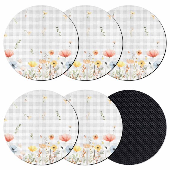 Botanical Wildflowers Coasters Set of 6, Absorbent Coasters for Drinks, Spring Farmhouse Floral Grey Plaid Coaster for Desk Coffee Table Protection, Home Decor House Warming Gifts 4"