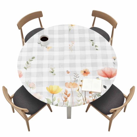 Botanical Wildflowers Fitted Tablecloth with Elastic Edged, Round Table Cloth for Dining Table, Spring Farmhouse Floral Grey Plaid Waterproof Oil Proof Table Cover for Indoor Outdoor 55"-60"