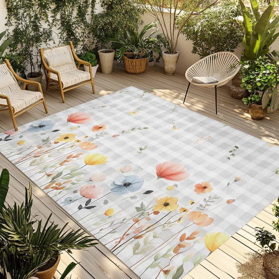 Botanical Wildflowers Outdoor Rug for Patio/Deck/Porch, Non-Slip Large Area Rug 3 x 5 Ft, Spring Farmhouse Floral Grey Plaid Indoor Outdoor Rugs Washable Area Rugs, Camping Rug Carpet Runner
