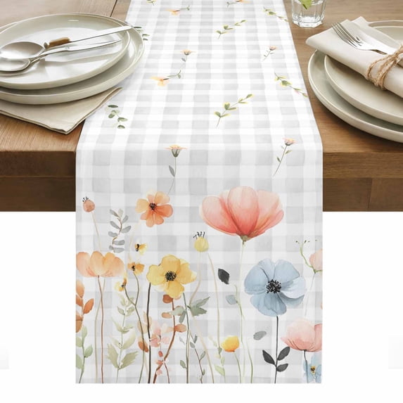Botanical Wildflowers Table Runner - 60 Inch Long, Kitchen Dining Table Runner Dresser Scarves, Spring Farmhouse Floral Grey Plaid Farmhouse Decor for Coffee Tables Wedding Party Banquet