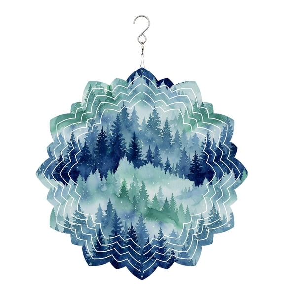 Botanical Wind Spinner for Garden Yard 8In, Spring Watercolor Blue Trees Mystic Romantic Forest 3D Stainless Steel Kinetic Hanging Wind Spinners Rustproof Outdoor Decor for Lawn Patio Home