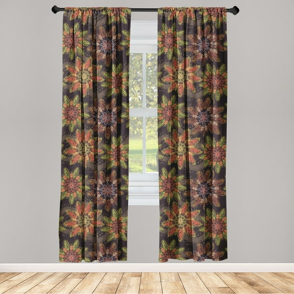Botanical Window Curtains, Abstract Look Star of Branches Winter Woodland Tree Bloom Print, Lightweight Decor 2-Panel Set with Rod Pocket, Pair of - 28"x95", Seal Brown Salmon and Green, by Ambesonne