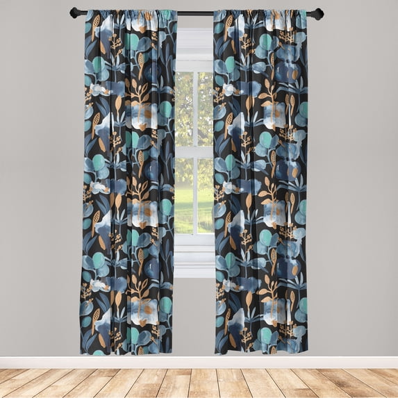 Botanical Window Curtains, Abstract Style Artwork of Leaves and Forms on Black Background, Lightweight Decor 2-Panel Set with Rod Pocket, Pair of - 28"x63", Dark Turquoise and Caramel, by Ambesonne