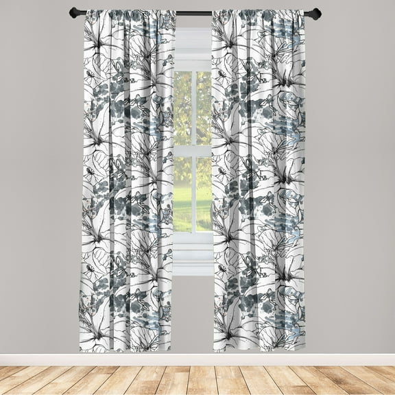 Botanical Window Curtains, Forest Themed Outline Flowers and Exotic Leaves Watercolor Stains, Lightweight Decor 2-Panel Set with Rod Pocket, Pair of - 28"x63", Dark Blue Grey and White, by Ambesonne