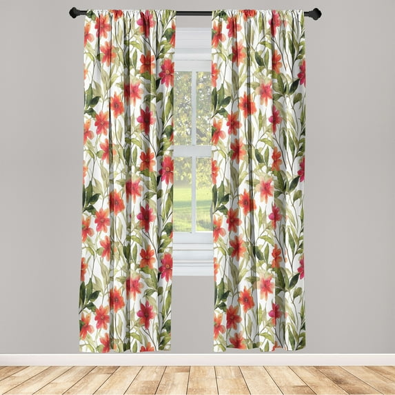 Botanical Window Curtains, Nature Art Style Painting Look Flowers and Leaves on Plain Back, Lightweight Decor 2-Panel Set with Rod Pocket, Pair of - 28"x84", Olive Green and Vermilion, by Ambesonne