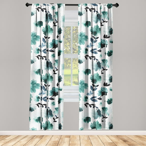 Botanical Window Curtains, Retro Watercolor Style Pattern of Flower and Leaf Designs Cold Tones, Lightweight Decor 2-Panel Set with Rod Pocket, Pair of - 28"x95", Dark Teal Slate Blue, by Ambesonne