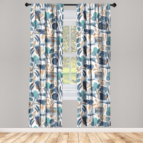 Botanical Window Curtains, Watercolor Design Blooming Leaves and Branches Modern Cold Colors, Lightweight Decor 2-Panel Set with Rod Pocket, Pair of - 28"x84", Slate Blue Seafoam Amber, by Ambesonne