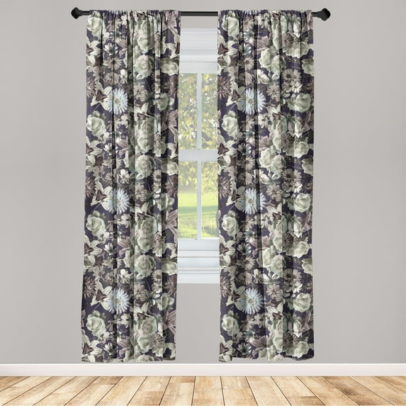 Botanical Window Curtains, Watercolor Vintage Pattern of Lily Aster Rose and Gerbera Flowers, Lightweight Decor 2-Panel Set with Rod Pocket, Pair of - 28"x84", Dark Purple Eggshell Tan, by Ambesonne