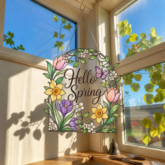 Botanical Window Decor Acrylic Suncatcher, Spring Floral Window Hanging
