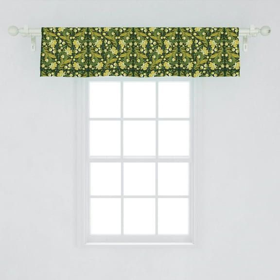 Botanical Window Valance, Berries and Flowers Leaves Khokhloma Rhythmic Print, Curtain Valance for Kitchen Bedroom Decor with Rod Pocket, 54" X 12", Yellow Hunter Green, by Ambesonne