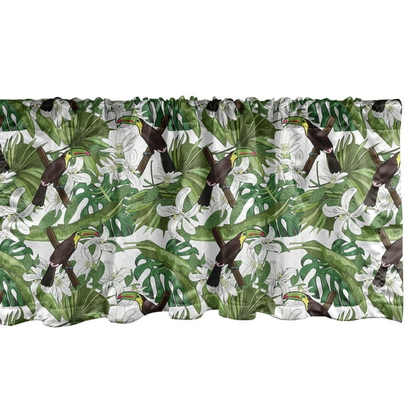 Botanical Window Valance Pack of 2, Colorful Illustrations of Toucans Tropical Leaves Orchids Jungle, Rod Pocket Curtain Valances for Kitchen Bedroom, 54" X 12", Olive Green Brown Yellow, by Ambesonne
