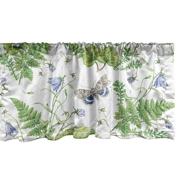 Botanical Window Valance, Watercolor Forest Pattern of Leaves Butterfly Moths and Bluebells, Curtain Valance for Kitchen Bedroom with Rod Pocket, 54" X 18", Fern Green Lavender White, by Ambesonne