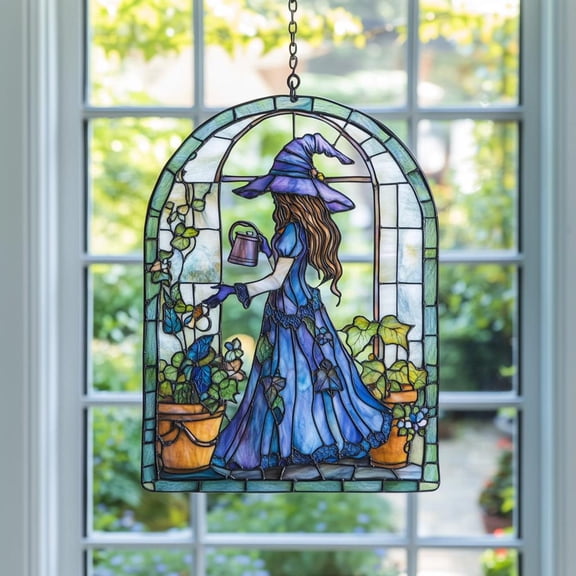 Botanical Witch Acrylic Window Hanging, Monstera Leaf Faux Stained Glass Suncatcher, Boho Garden Gift