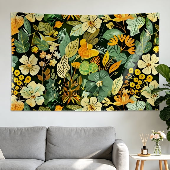 Botanical Yellow Floral Leaves Wall tapestry,Large size Printed Horizontal Tapestry blanket,Polyester Fabric Wall Hanging for living room,bedroom,No Installation Required,Indoor,Outdoor,Gift for Fami