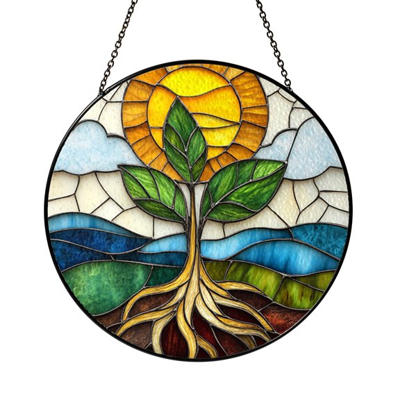 Botanical sun and roots stained style panel, nature window decor for home