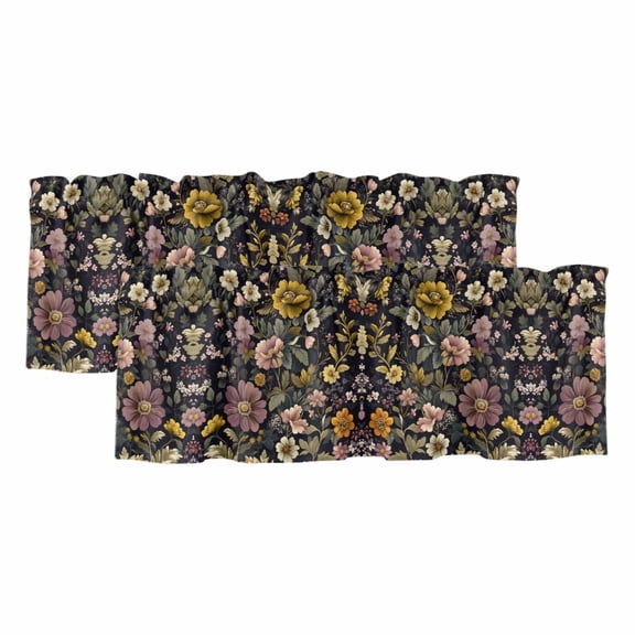 Botanicals Floral Curtain Valances for Windows, Kitchen Valance Window Treatments Panel 2 Pack, Garden Seasonal Botanical Blooms Rod Pocket Short Curtains for Bathroom Bedroom 60 x 18 Inch