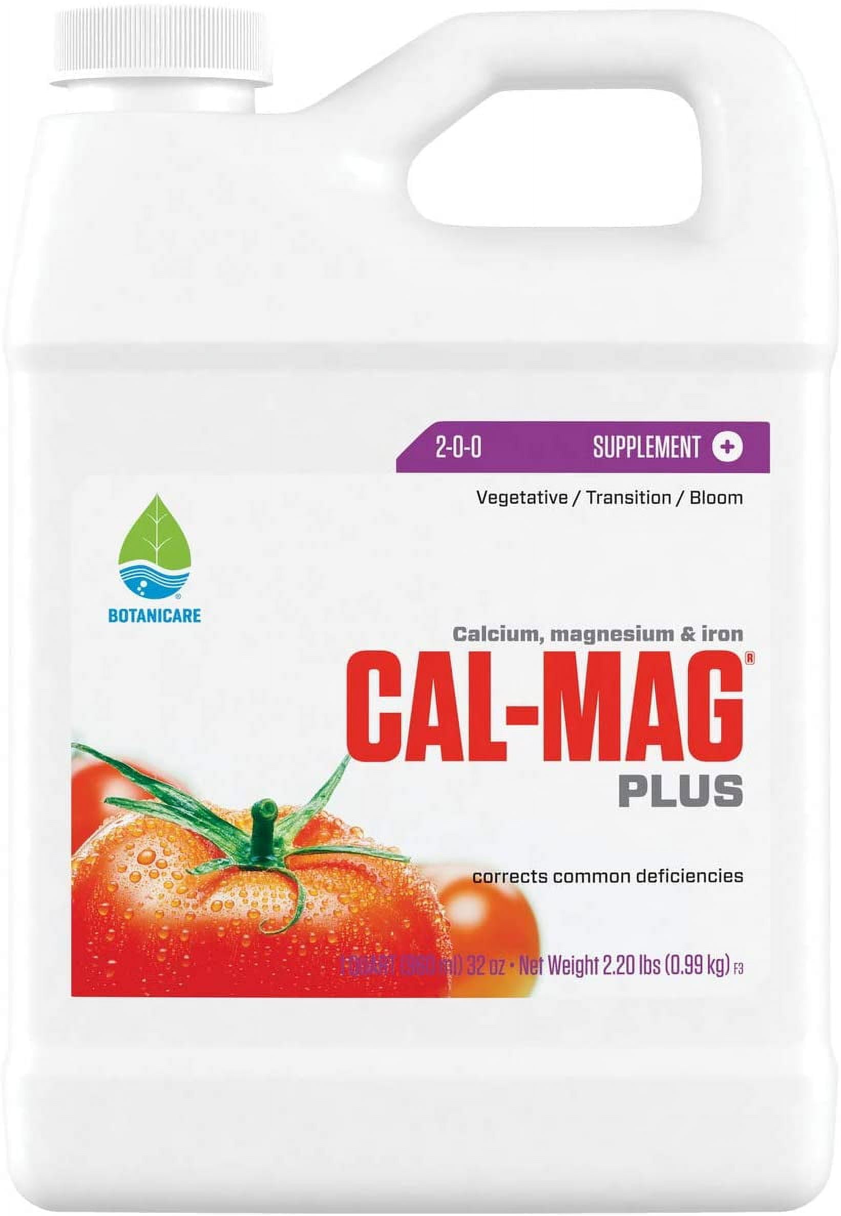 Botanicare Cal-Mag Plus, A Calcium, Magnesium, And Iron Plant Supplement, Corrects Common Plant Deficiencies, Add To Water Or Use As A Spray, 2-0-0 NPK, 1Quart