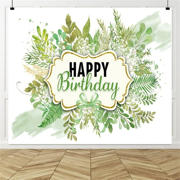 Botanicfarm Birthday Background Fabric-10X8 Feet Salvia Officinalis and Eucalyptus Leaves Happy Birthday Banner, Suitable for Cake Table Decoration and Portrait Photography
