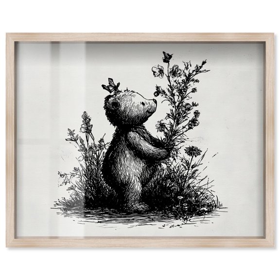 Botanist Bear Shadowbox Print Animal Illustrations by Art Remedy, Blonde Frame, 20 x 16