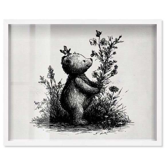 Botanist Bear Shadowbox Print Animal Illustrations by Art Remedy, White Frame, 20 x 16