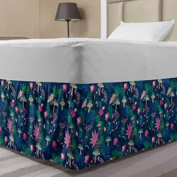Botany Bed Skirt, Exotic Forest Flower Mushroom Leaf Pine Nuts Oak Bluebell Berry, Elastic Bedskirt Dust Ruffle Wrap Around for Bedding Decor, 4 Sizes, Jade Green Night Blue, by Ambesonne
