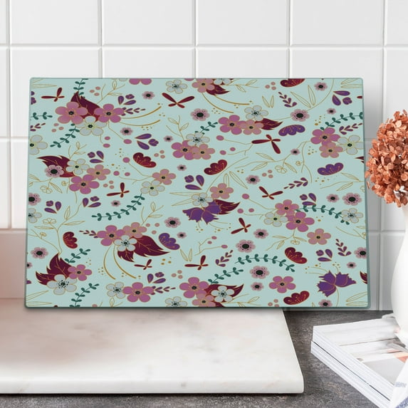 Botany Cutting Board, Cartoon Design Pattern of Spring Floweret and Branches Repetition Print, Decorative Tempered Glass Cutting and Serving Board, in 3 Sizes, by Ambesonne