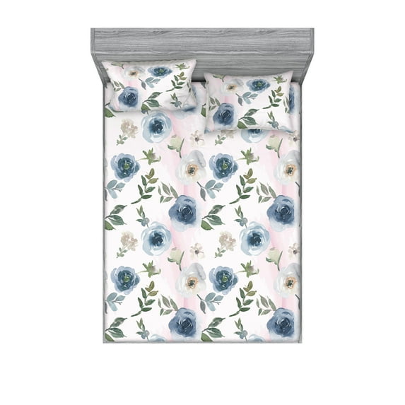 Botany Design Fitted Sheet & Pillow Sham Set, Watercolor Illustration of Blooming Flowers with Leaves Greenery, Decorative Printed 3 Piece Bedding Decor, Full, Reseda Green Ceil Blue, by Ambesonne