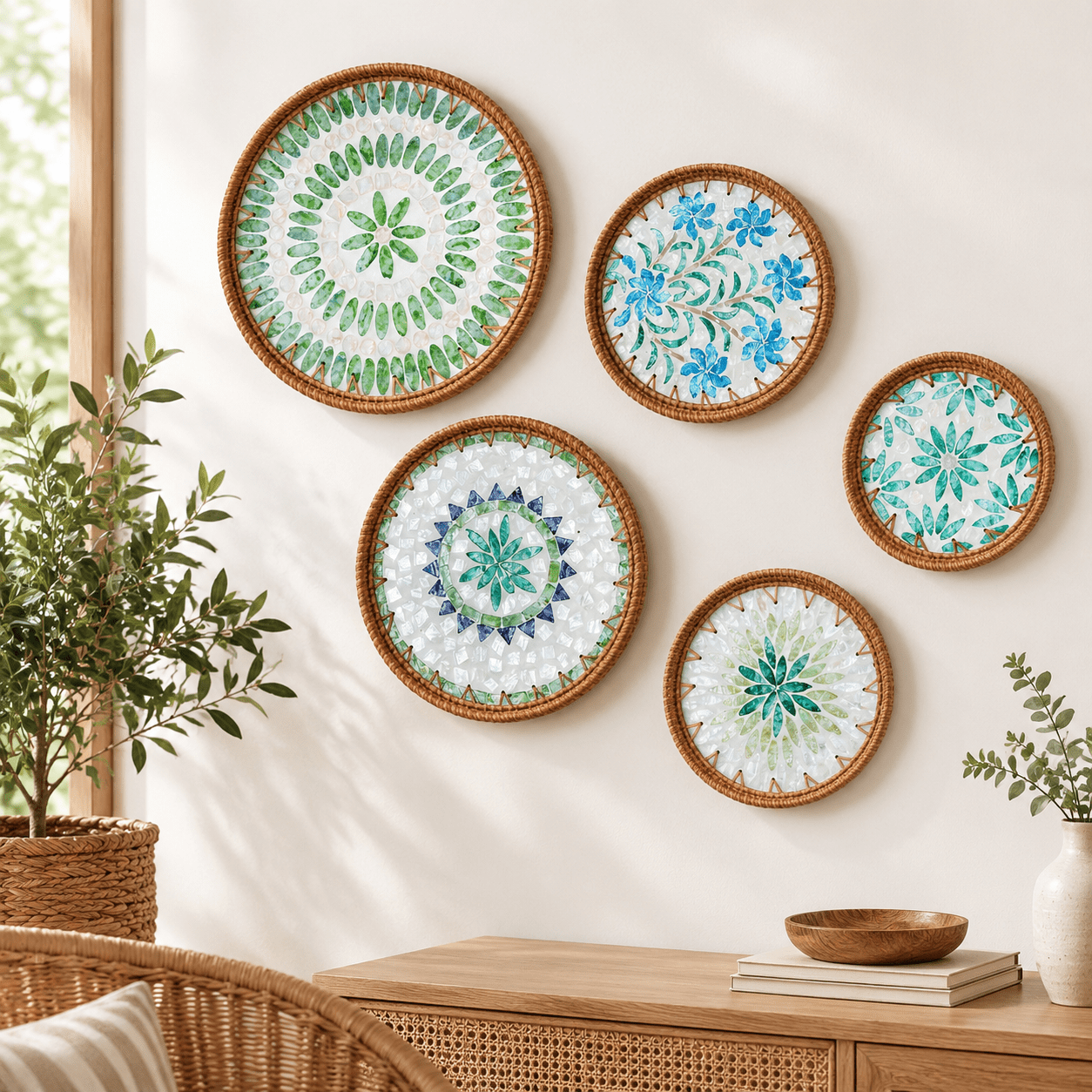 Botany Dream Handmade Capiz Shell Rattan Decorative Plates, Set of 5 ...