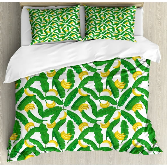 Botany Duvet Cover Set, Banana with Giant Tropical Palm Leaves Seasonal Nature Graphic, Decorative 3 Piece Bedding Set with 2 Pillow Shams, King Size, Hunter Green Yellow, by Ambesonne