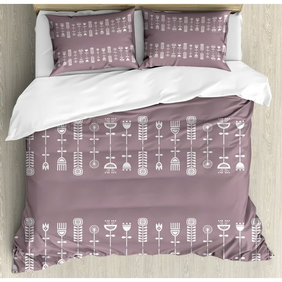 Botany Duvet Cover Set, Folk Art Style Dandelion Tulip Flowers and Scandinavian Danish Doodle Art, Decorative 3 Piece Bedding Set with 2 Pillow Shams, King Size, Grey Pink and White, by Ambesonne