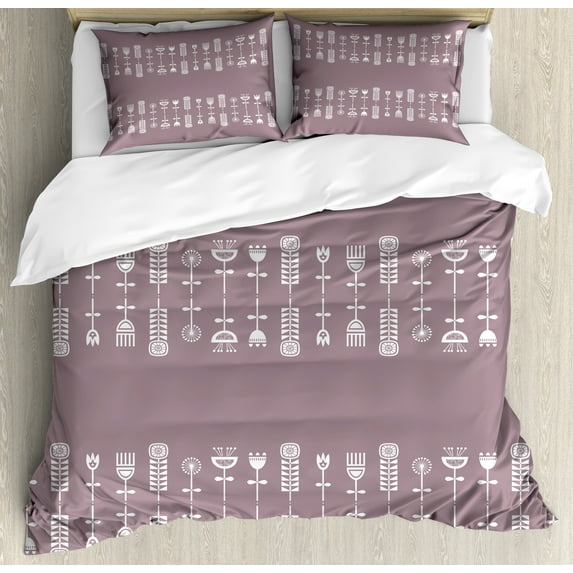 Botany Duvet Cover Set, Folk Art Style Dandelion Tulip Flowers and Scandinavian Danish Doodle Art, Decorative 3 Piece Bedding Set with 2 Pillow Shams, Queen Size, Grey Pink and White, by Ambesonne