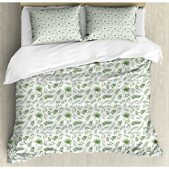 Botany Duvet Cover Set, Nature Concept with Various Leaves, Decorative 3 Piece Bedding Set with 2 Pillow Shams, King Size, Peacock Green White, by Ambesonne