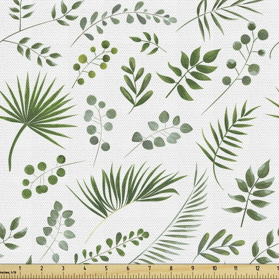 Ambesonne Botany Fabric by the Yard Upholstery, Various Leaves, 1 Yard, Peacock Green White