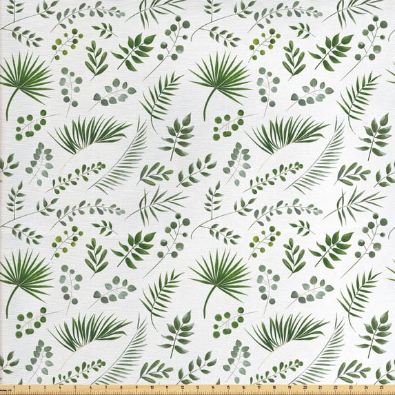 Ambesonne Botany Fabric by the Yard Upholstery, Various Leaves, 2 Yards, Peacock Green White